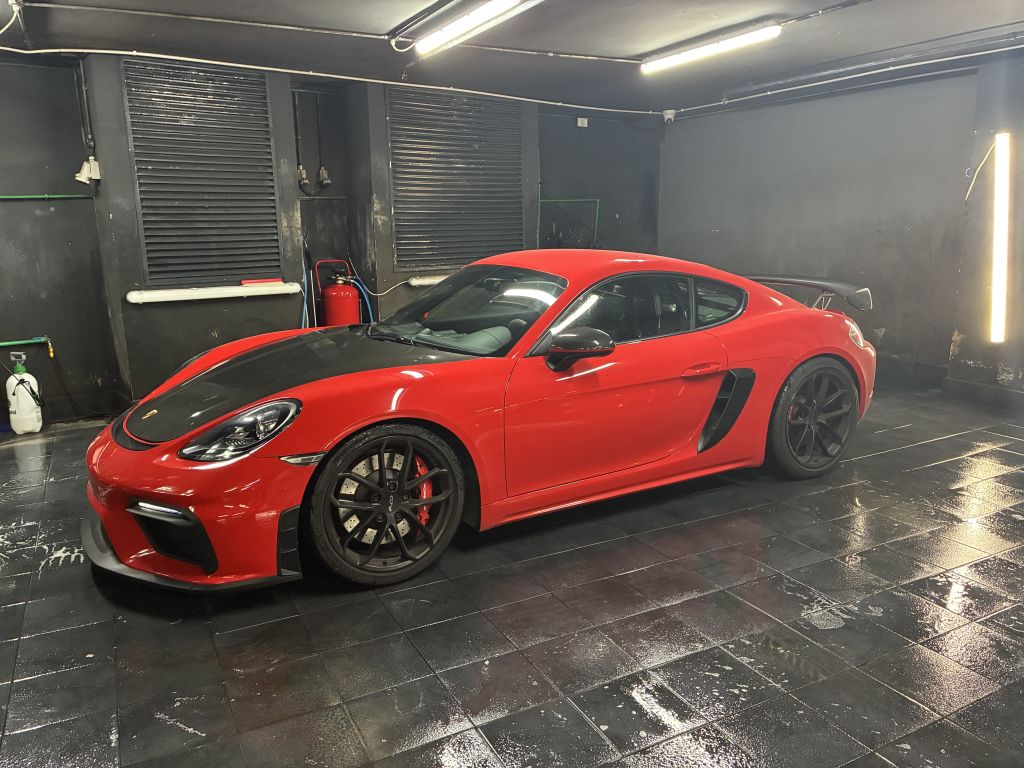 Red Porsche Cayman freshly washed at Globowax Malta